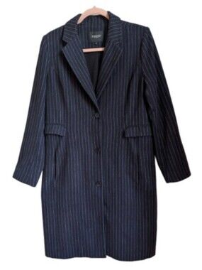SOAKED IN LUXURY Dark Navy Wool Minimalist Pinstripe Long Blazer Coat Medium